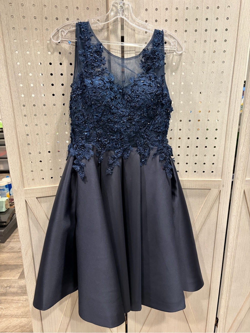 Navy Embellished Flower Appliqué Fit & Flare  Dress